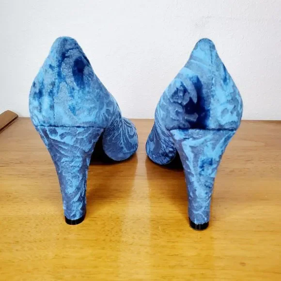 Antonia Sautter Collection Blue Velvet Damask Print Heels Shoes Handmade SZ 37 - Picture 4 of 12